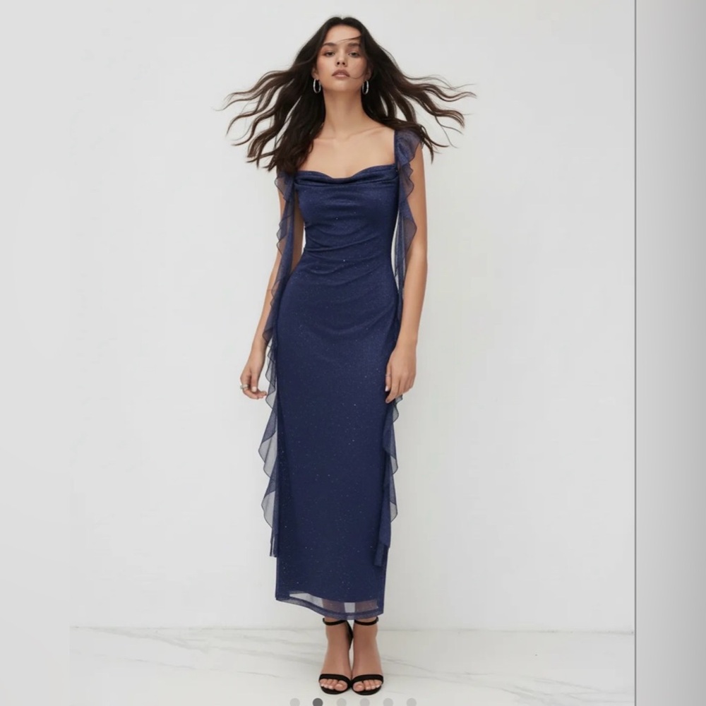 Cider COWL NECK SOLID GLITTER RUFFLE HEM MAXI DRESS S cr27-13